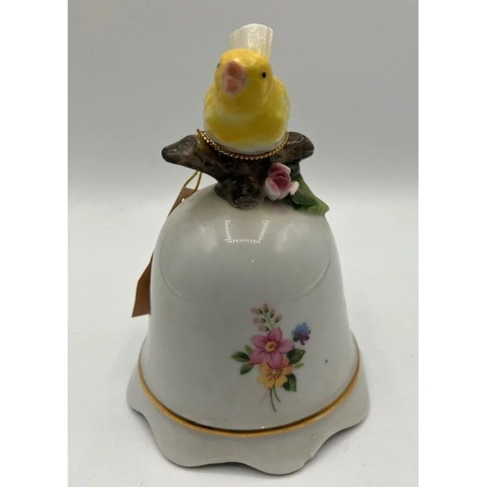 Music Box Porcelain Bell Yellow Bird Figurine‎ Floral Design Decor Made in Japan